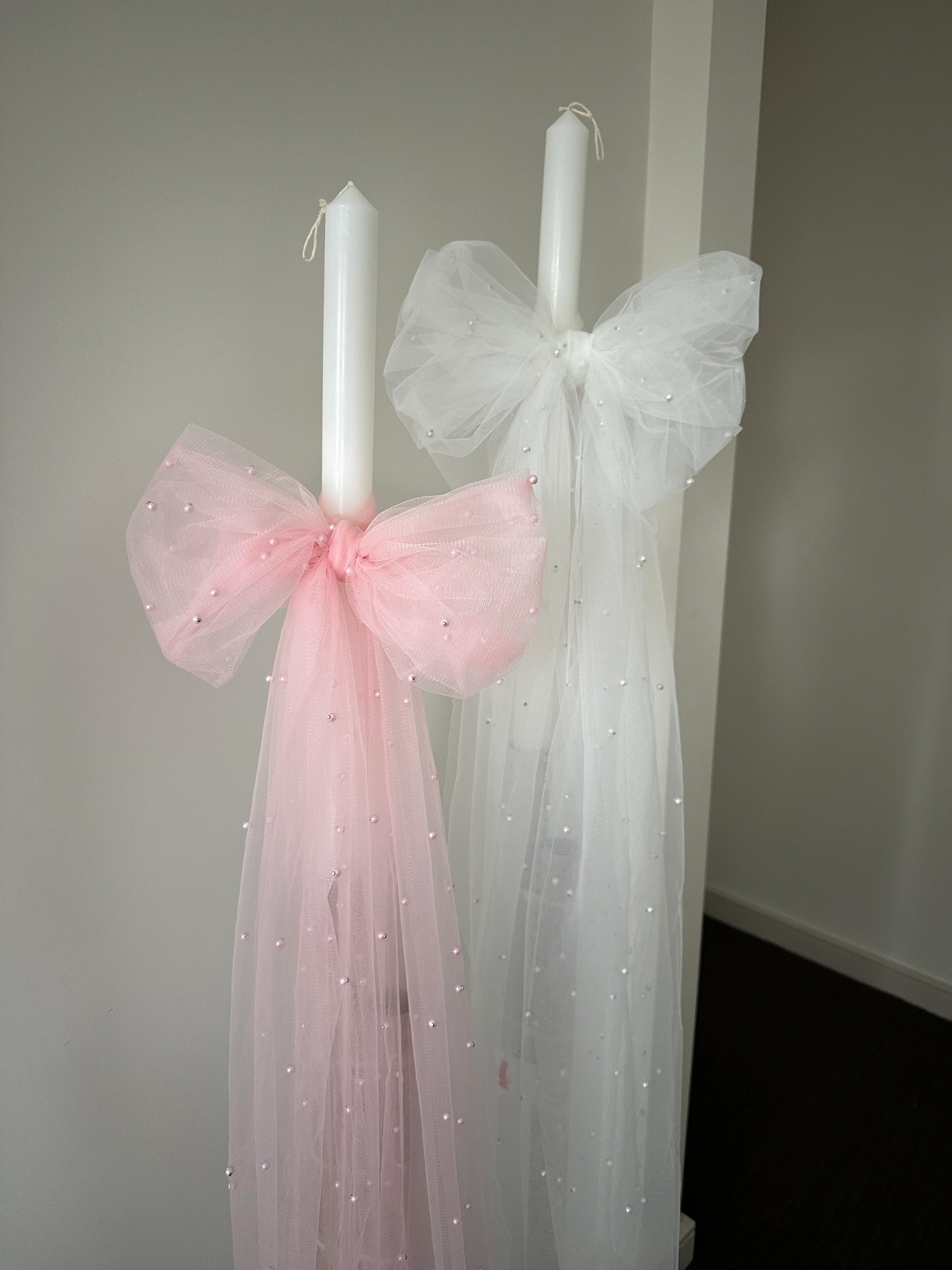 Orthodox Christening Pearl Tulle Bow Candle | Lambatha - Image 3