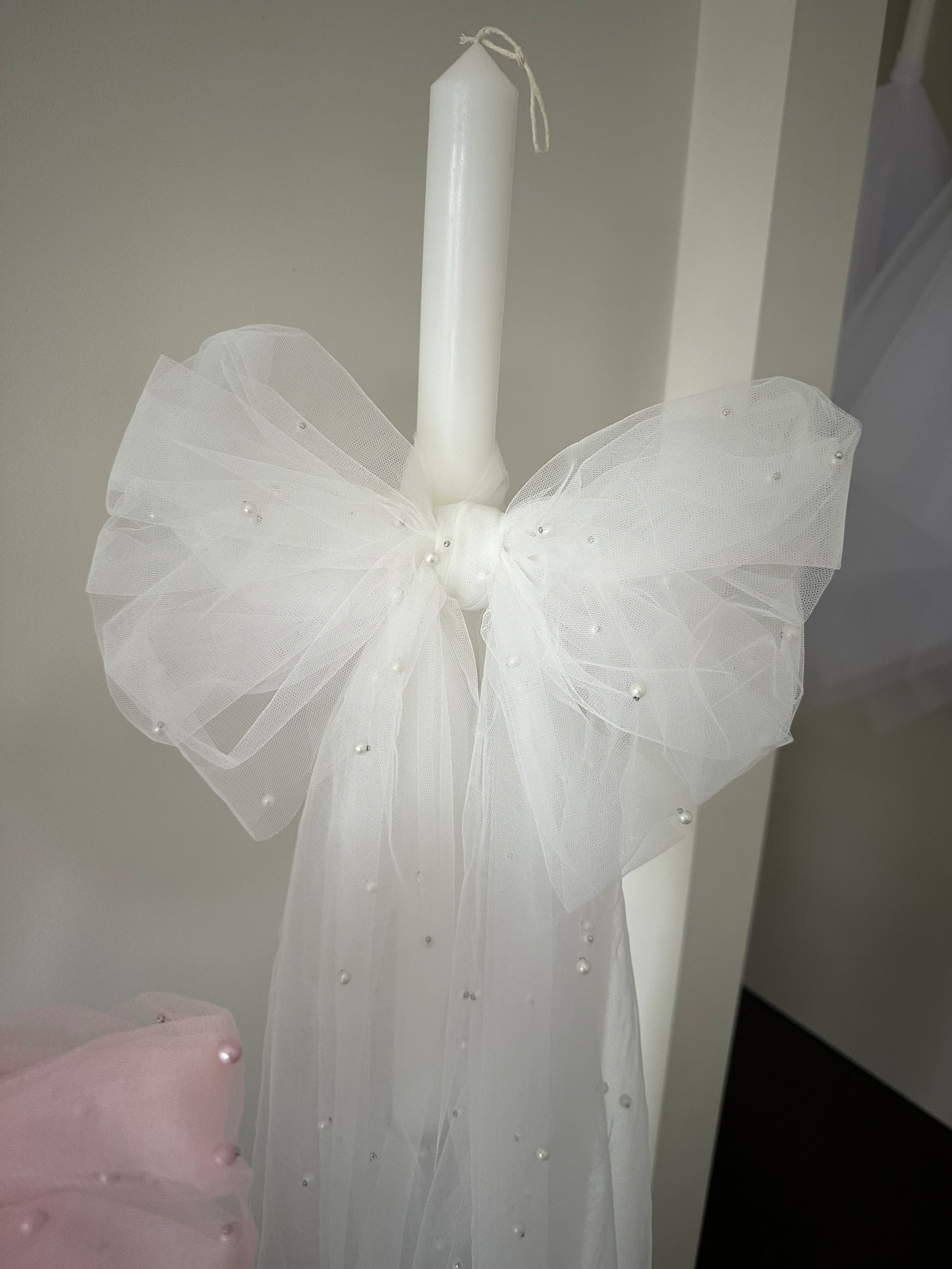 Orthodox Christening Pearl Tulle Bow Candle | Lambatha - Image 4