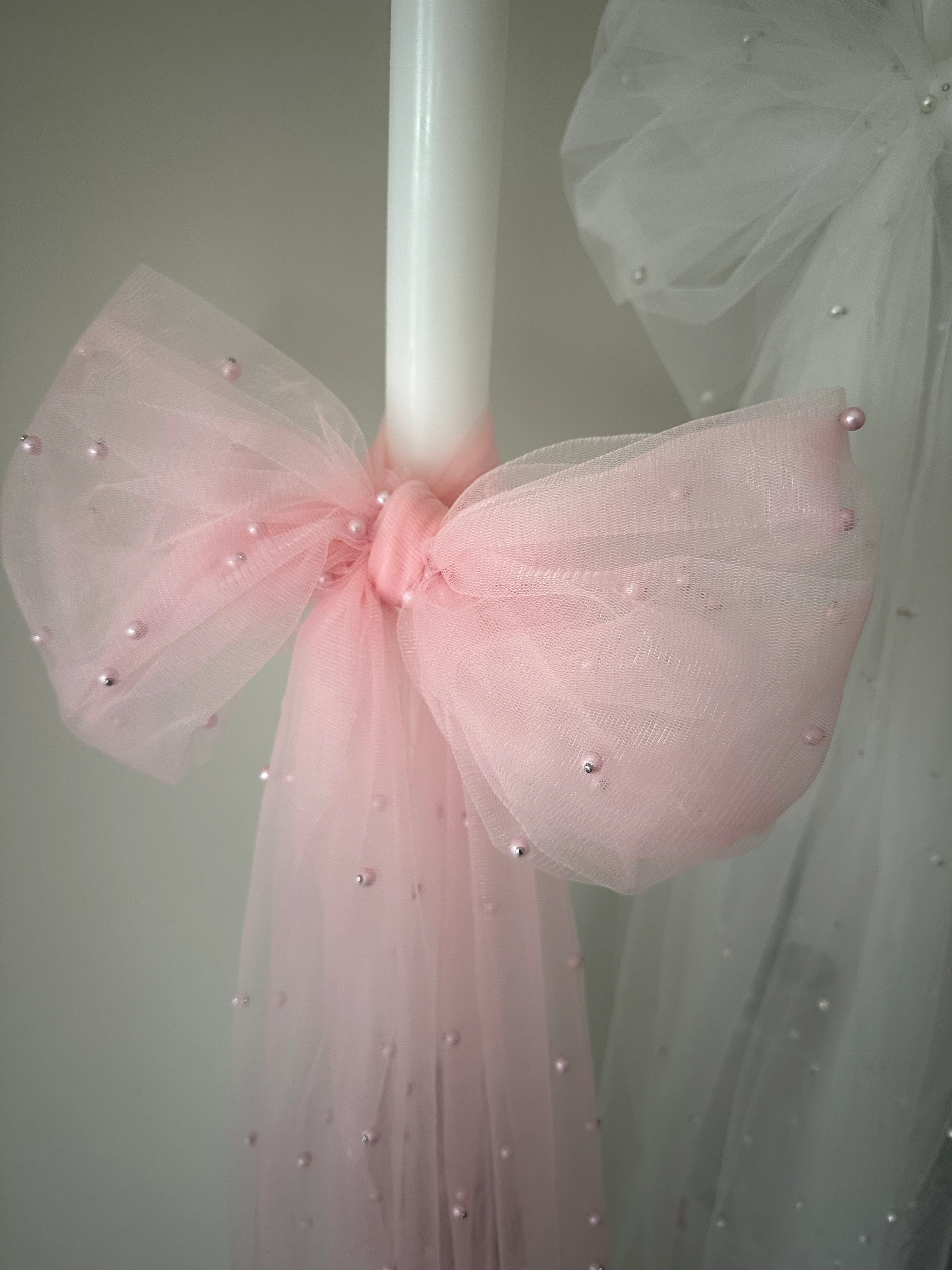 Orthodox Christening Pearl Tulle Bow Candle | Lambatha - Image 5
